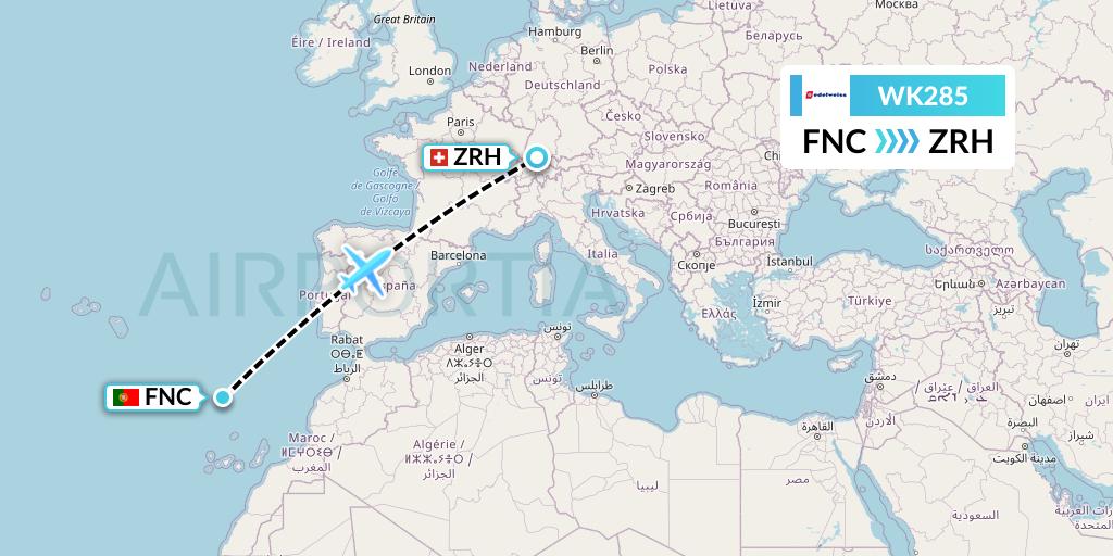 WK285 Edelweiss Air Flight Map: Funchal to Zurich