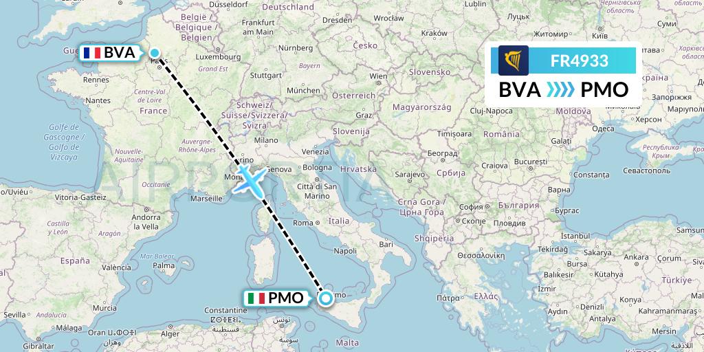 FR4933 Ryanair Flight Map: Paris to Palermo