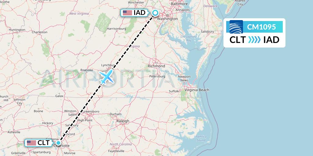CM1095 Copa Airlines Flight Map: Charlotte to Washington