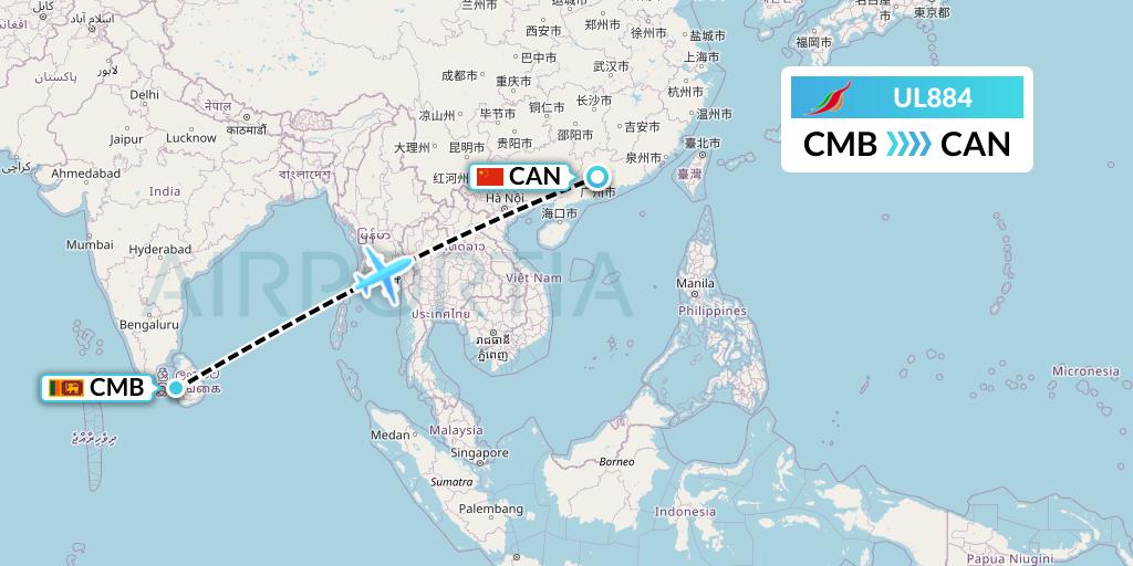 UL884 SriLankan Airlines Flight Map: Colombo to Guangzhou