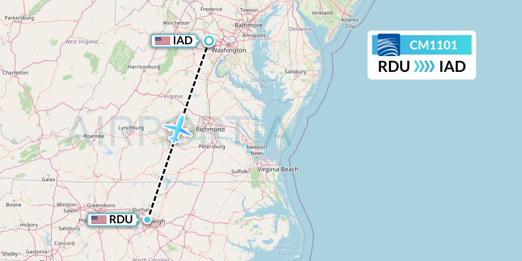 CM1101 Copa Airlines Flight Map: Raleigh-Durham to Washington