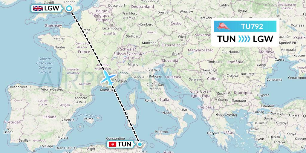 TU792 Tunisair Flight Map: Tunis to London
