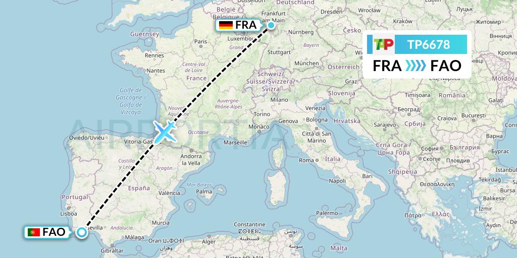 TP6678 TAP Portugal Flight Map: Frankfurt to Faro