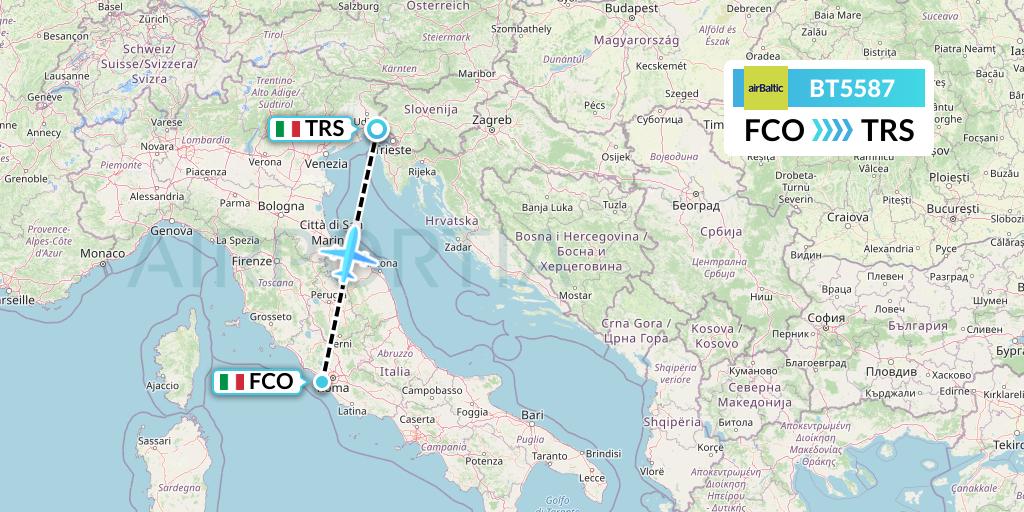 BT5587 Air Baltic Flight Map: Rome to Trieste