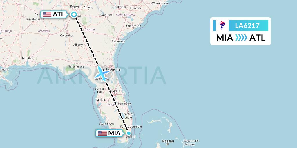LA6217 LAN Airlines Flight Map: Miami to Atlanta