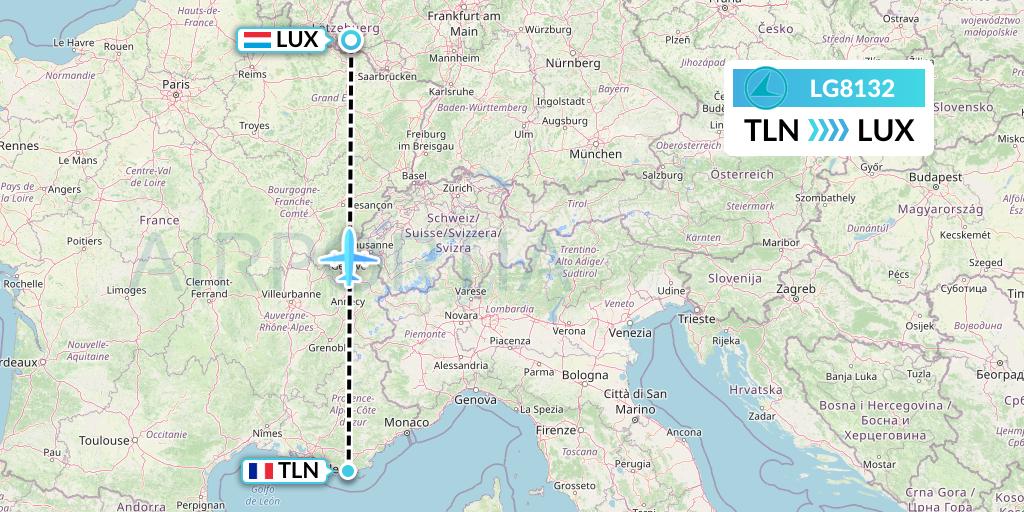 LG8132 Luxair Flight Map: Toulon to Luxembourg