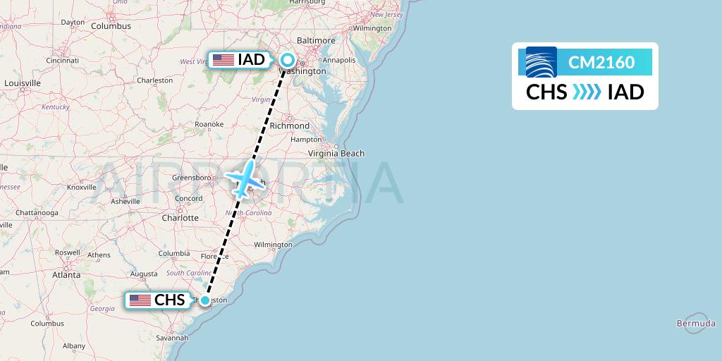 CM2160 Copa Airlines Flight Map: Charleston to Washington