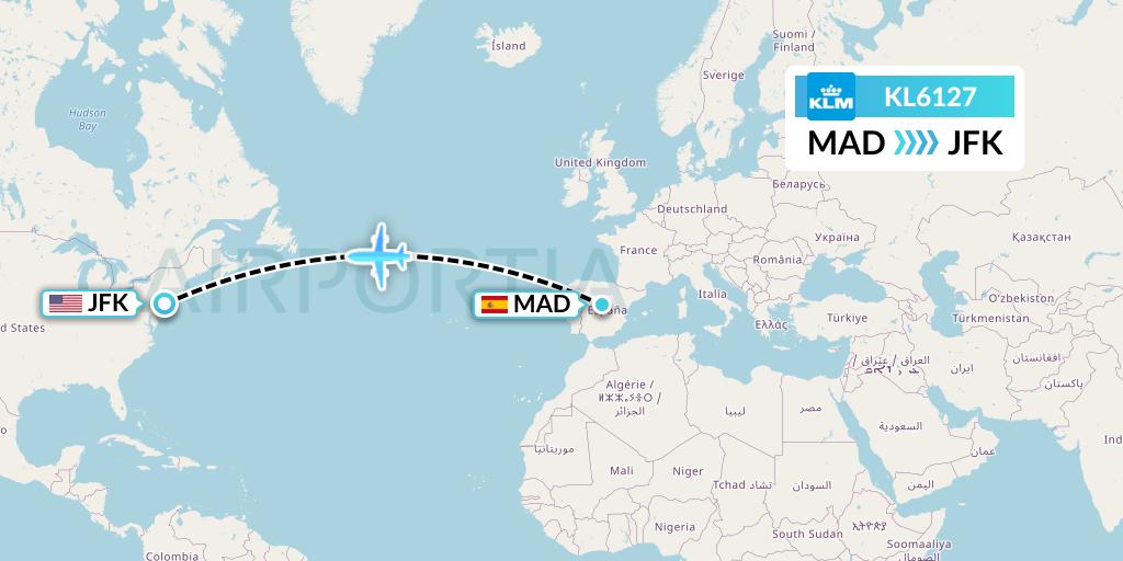 KL6127 KLM Flight Map: Madrid to New York