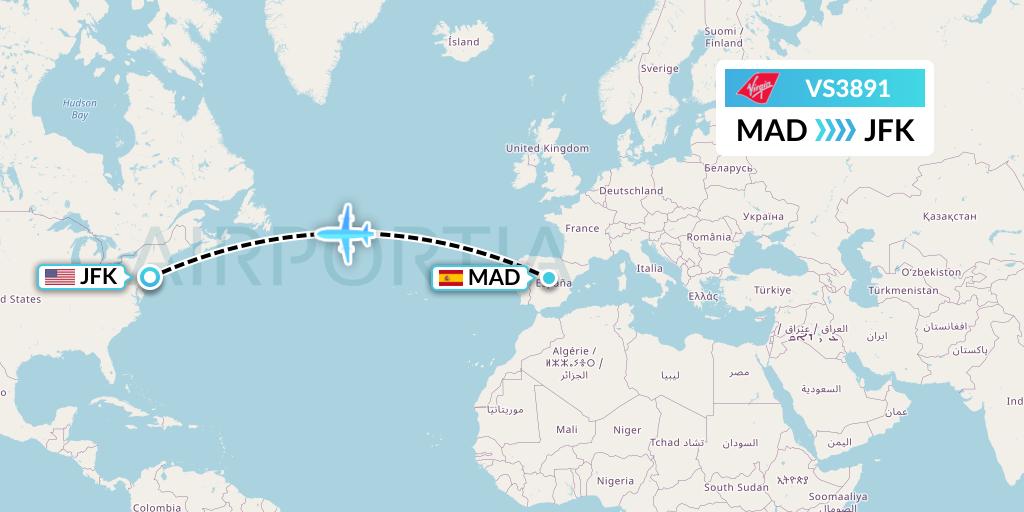 VS3891 Virgin Atlantic Airways Flight Map: Madrid to New York