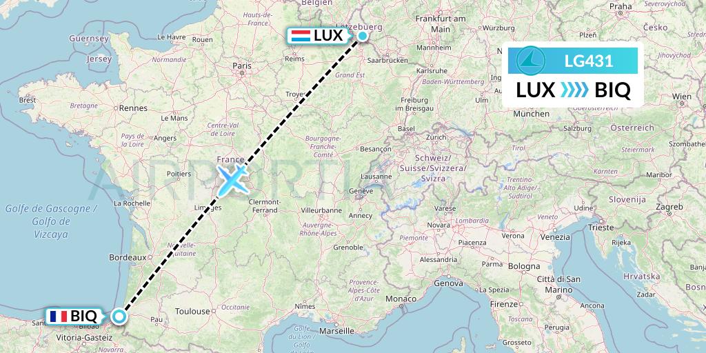 LG431 Luxair Flight Map: Luxembourg to Biarritz