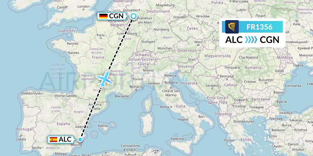 FR1356 Ryanair Flight Map: Alicante to Cologne
