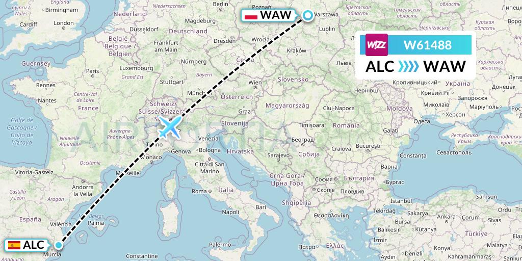 W61488 Wizz Air Flight Map: Alicante to Warsaw