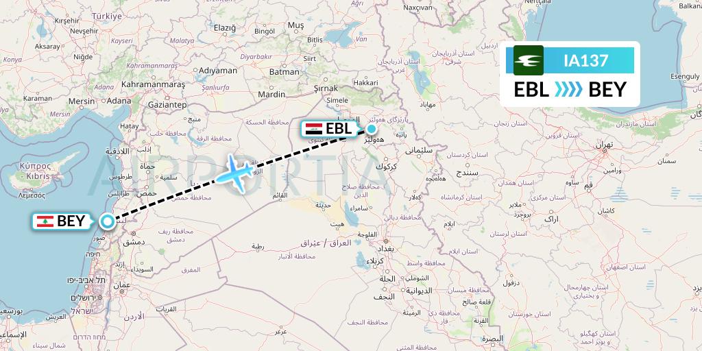 IA137 Iraqi Airways Flight Map: Arbil to Beirut