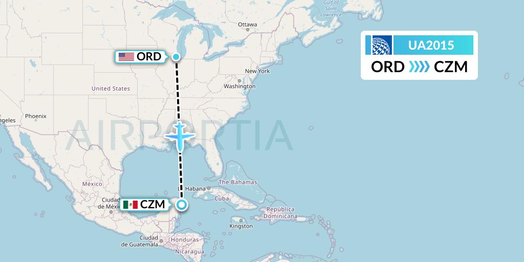 UA2015 United Airlines Flight Map: Chicago to Cozumel