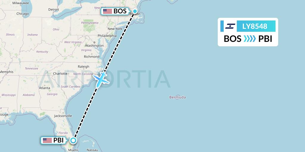 LY8548 El Al Flight Map: Boston to West Palm Beach