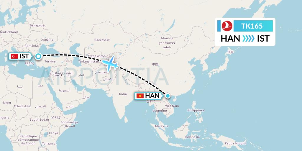 TK165 Turkish Airlines Flight Map: Hanoi to Istanbul