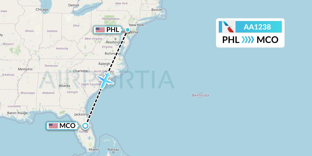 AA1238 American Airlines Flight Map: Philadelphia to Orlando