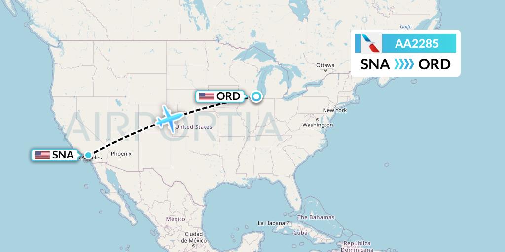AA2285 American Airlines Flight Map: Orange County to Chicago