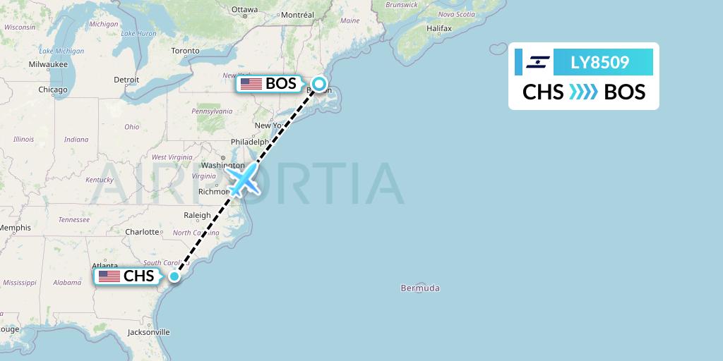 LY8509 El Al Flight Map: Charleston to Boston