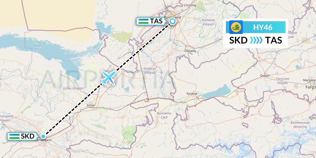 HY46 Uzbekistan Airways Flight Map: Samarkand to Tashkent