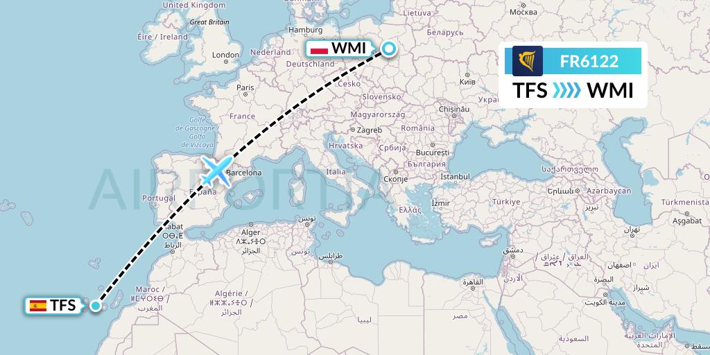 FR6122 Ryanair Flight Map: Tenerife to Warsaw
