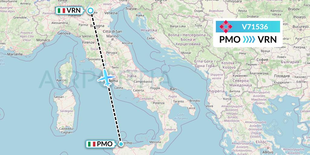 V71536 Volotea Flight Map: Palermo to Verona