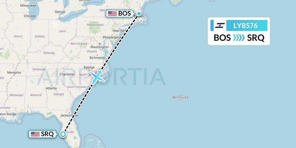 LY8576 El Al Flight Map: Boston to Sarasota