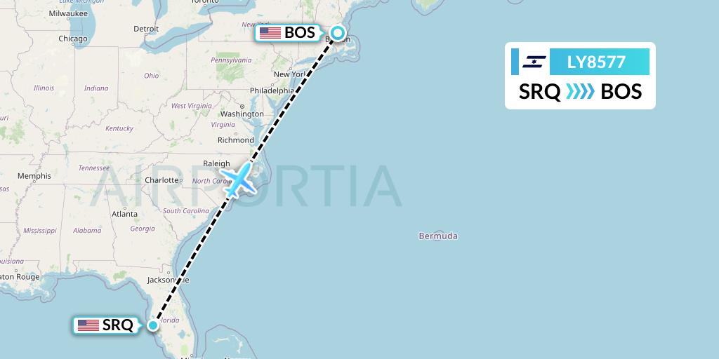LY8577 El Al Flight Map: Sarasota to Boston