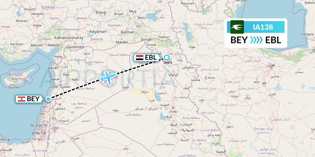 IA138 Iraqi Airways Flight Map: Beirut to Arbil