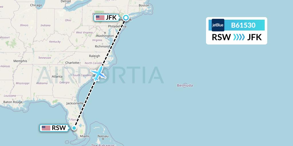 B61530 JetBlue Airways Flight Map: Fort Myers to New York