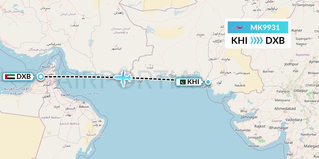 MK9931 Air Mauritius Flight Map: Karachi to Dubai