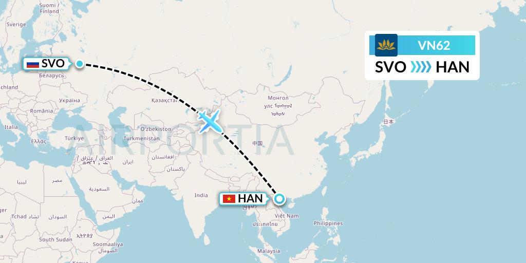 VN62 Vietnam Airlines Flight Map: Moscow to Hanoi