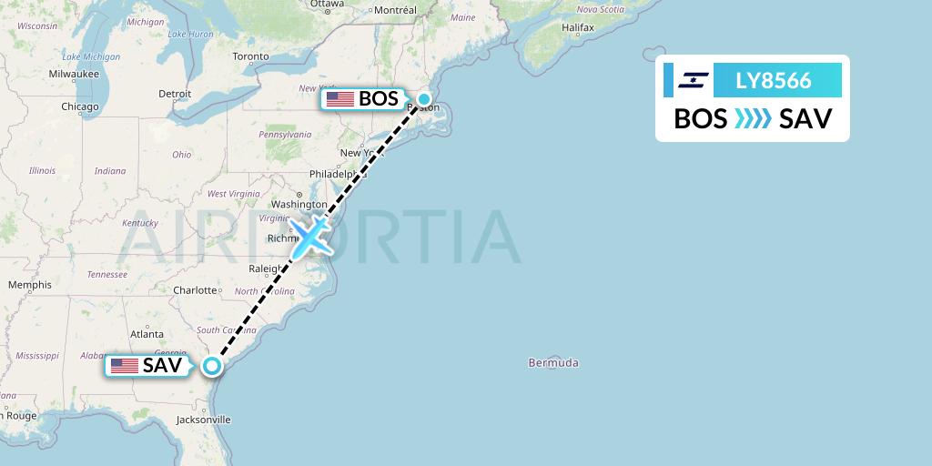 LY8566 El Al Flight Map: Boston to Savannah