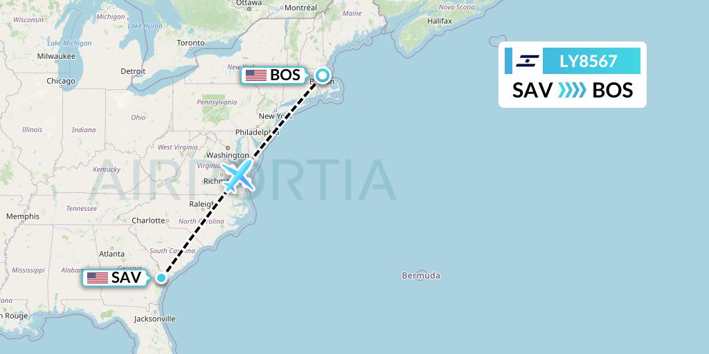LY8567 El Al Flight Map: Savannah to Boston