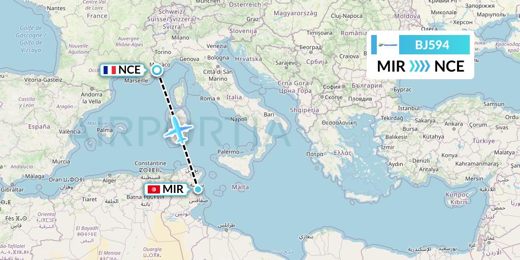 BJ594 Nouvelair Tunisie Flight Map: Monastir to Nice