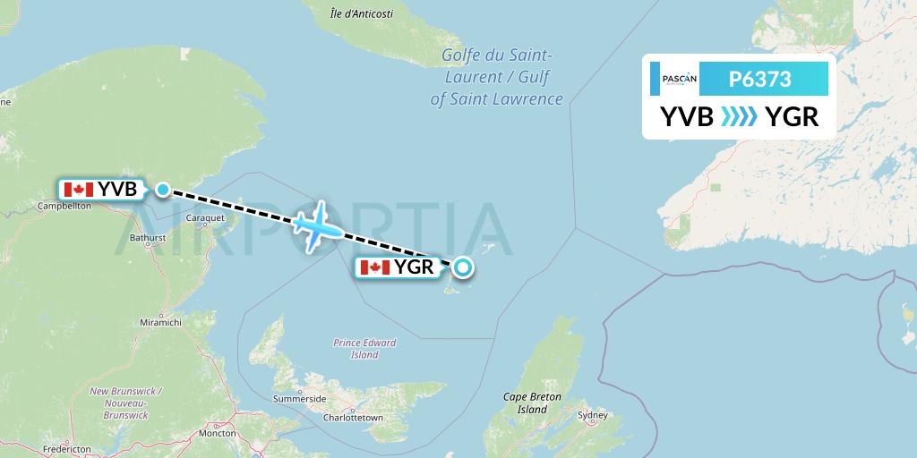 P6373 Pascan Aviation Flight Map: Bonaventure to Iles-de-la-Madeleine