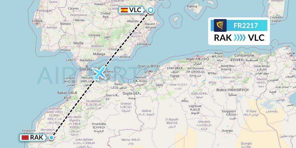 FR2217 Ryanair Flight Map: Marrakesh to Valencia