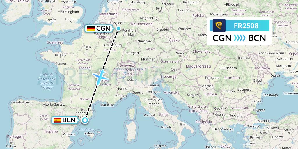 FR2508 Ryanair Flight Map: Cologne to Barcelona