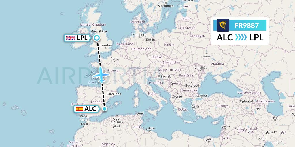FR9887 Ryanair Flight Map: Alicante to Liverpool
