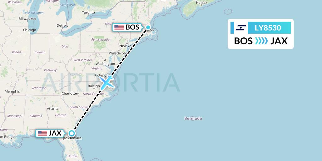 LY8530 El Al Flight Map: Boston to Jacksonville