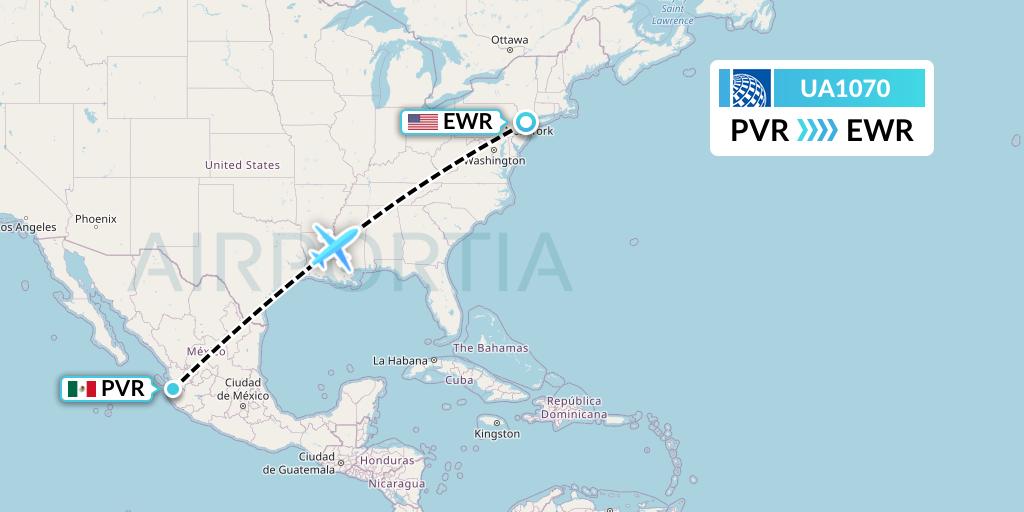 UA1070 United Airlines Flight Map: Puerto Vallarta to New York