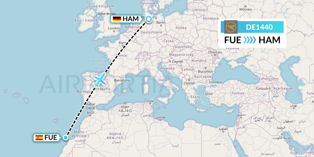 DE1440 Condor Flight Map: Fuerteventura to Hamburg