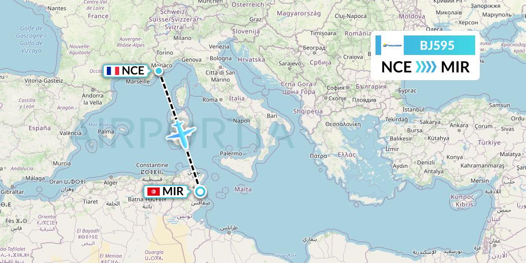 BJ595 Nouvelair Tunisie Flight Map: Nice to Monastir