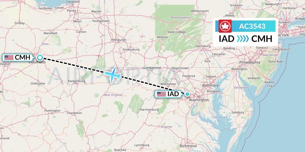 AC3543 Air Canada Flight Map: Washington to Columbus