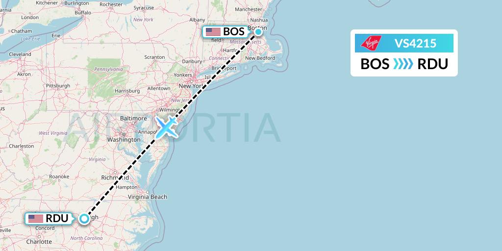 VS4215 Virgin Atlantic Airways Flight Map: Boston to Raleigh-Durham