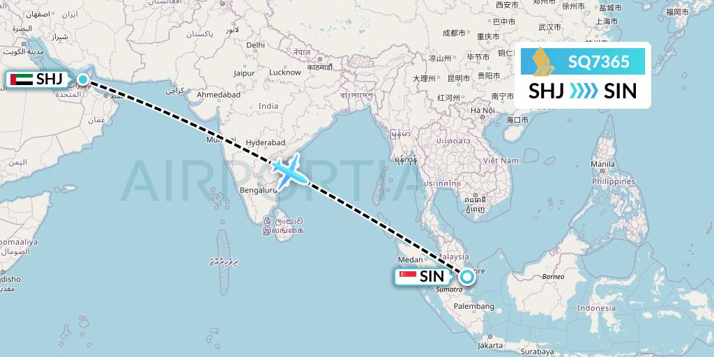 SQ7365 Singapore Airlines Flight Map: Sharjah to Singapore