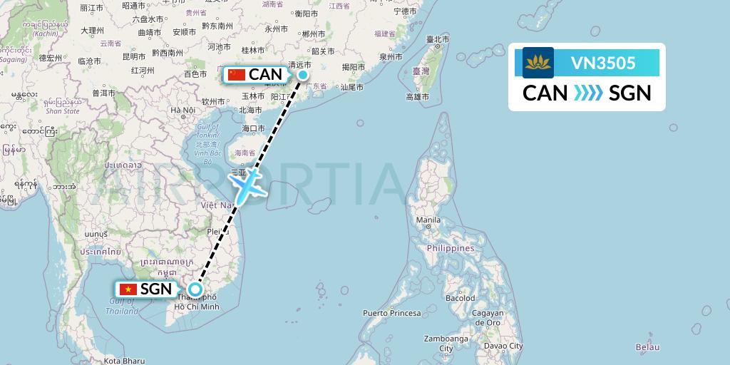 VN3505 Vietnam Airlines Flight Map: Guangzhou to Ho Chi Minh City