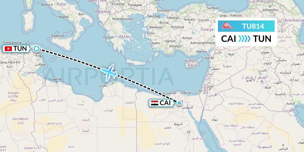 TU814 Tunisair Flight Map: Cairo to Tunis