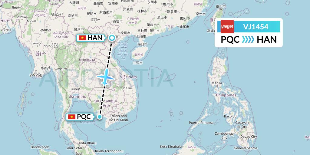 VJ1454 VietJet Air Flight Map: Phu Quoc to Hanoi
