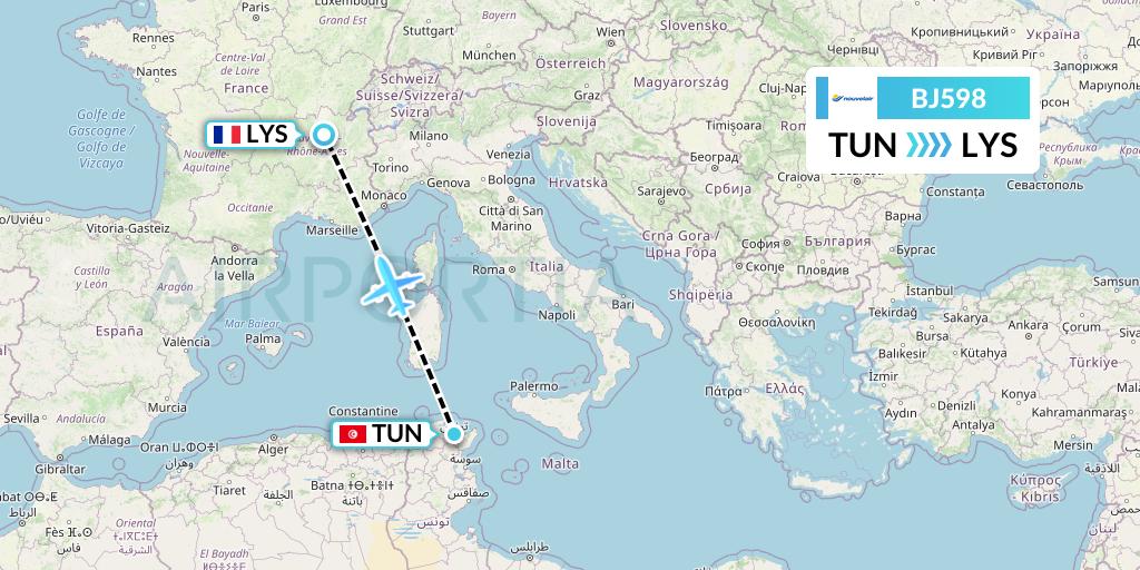 BJ598 Nouvelair Tunisie Flight Map: Tunis to Lyon